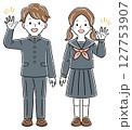 笑顔で手を振る制服姿の男女の学生のイラスト　全身 127753907