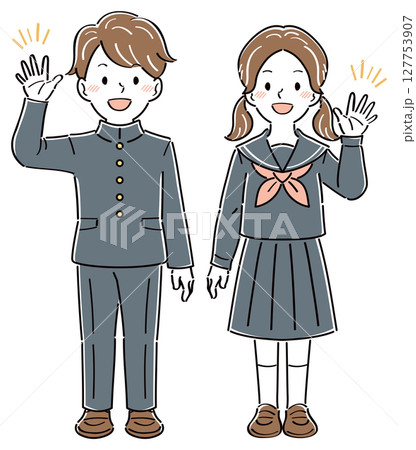 笑顔で手を振る制服姿の男女の学生のイラスト　全身 127753907
