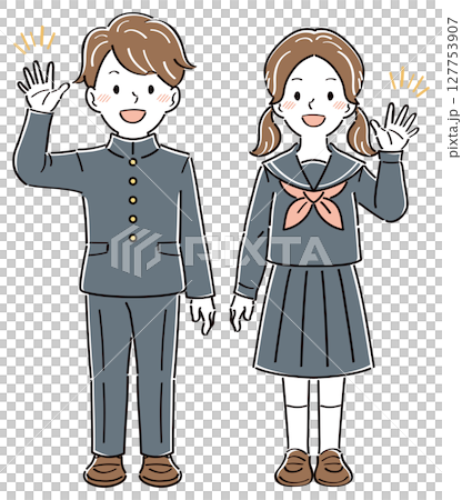 笑顔で手を振る制服姿の男女の学生のイラスト　全身 127753907