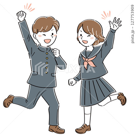 ジャンプしてガッツポーズする男の子とジャンプして手を振る女の子　制服姿の学生のイラスト　全身 127753909