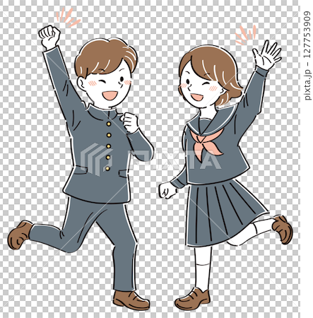 ジャンプしてガッツポーズする男の子とジャンプして手を振る女の子　制服姿の学生のイラスト　全身 127753909