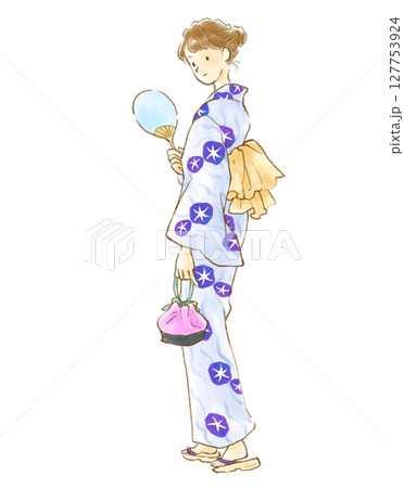 うちわを持った浴衣姿の女性の水彩風イラスト 127753924