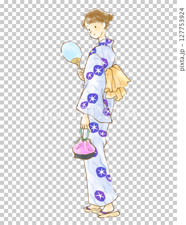 うちわを持った浴衣姿の女性の水彩風イラスト 127753924