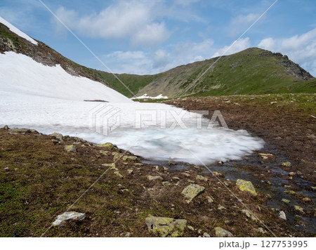 Melting glacier on a mountainside in early summer 127753995