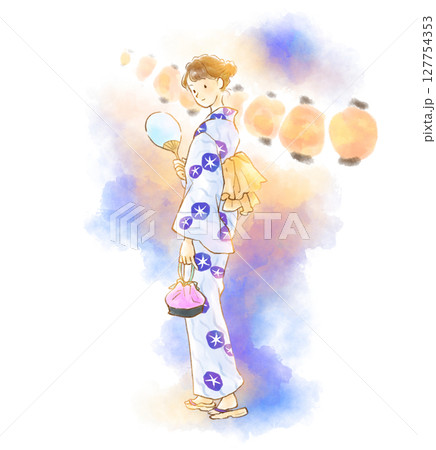 お祭りの情景と浴衣の女性の水彩イラストのイラスト素材 [127754353
