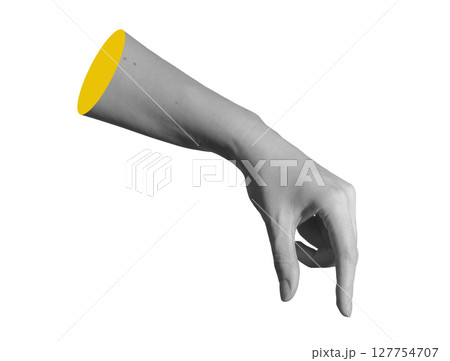 Hand holding fingers in motion with thumb and forefinger gripping and pinching small object. Side 127754707