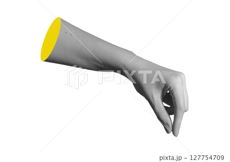 Hand holding fingers pinching tiny invisible item in closeup side view. Woman s wrist and arm Hand holding fingers pinching tiny invisible item in closeup side view. Woman s wrist and arm 127754709