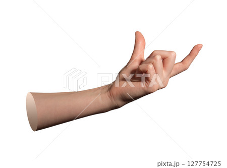 Hand of woman holding huge item between thumb and forefinger in precise pinch gesture, showing grip 127754725