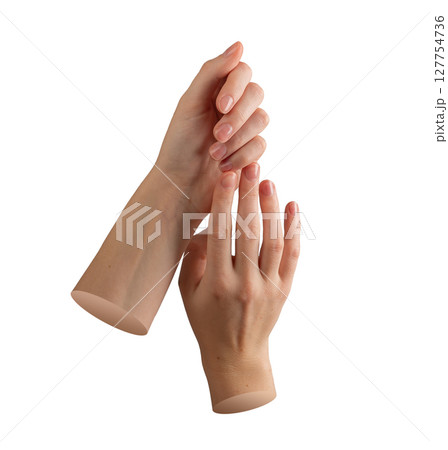 Hands with neat manicure and smooth nails touching gently. Feminine, soft skin with delicate care Hands with neat manicure and smooth nails touching gently. Feminine, soft skin with delicate care 127754736