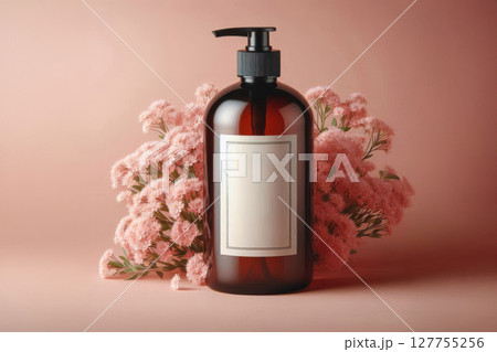 Minimalist mockup of amber bottle with floral elements, perfect for skincare or shampoo packaging design. 127755256