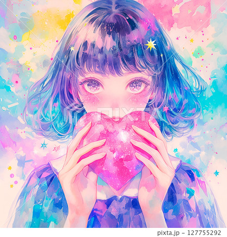 【AI生成画像】水彩風の漫画タッチのハートを持った女の子とカラフルな背景 127755292