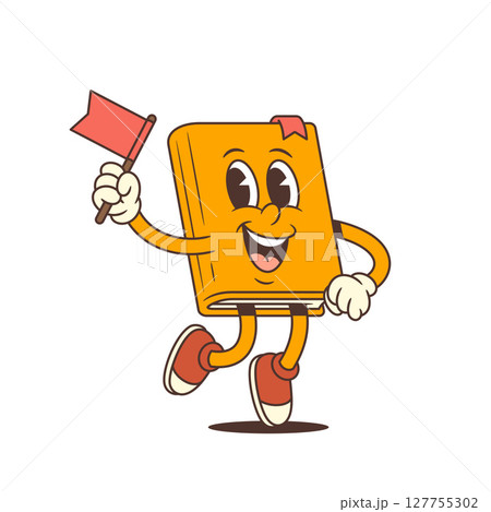 Cheerful Orange Cartoon Book Mascot Jumping With Red Flag Happy Emotion Character Vector Illustration Cheerful Orange Cartoon Book Mascot Jumping With Red Flag Happy Emotion Character Vector Illustration 127755302
