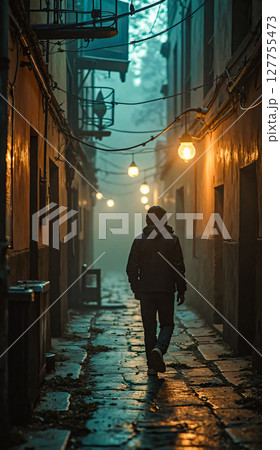 Narrow street after the rain. A narrow, wet alleyway reflects a warm glow from streetlamps hanging overhead. Narrow street after the rain. A narrow, wet alleyway reflects a warm glow from streetlamps hanging overhead. 127755473