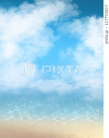青空と海と白い雲の夏イメージの手描き背景イラスト　縦 127755617