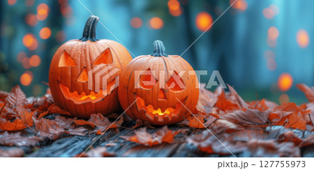 Halloween pumpkins on wooden table with bokeh background. Halloween pumpkins on wooden table with bokeh background. 127755973