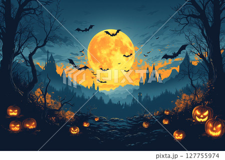 Halloween background with pumpkins, bats and castle. Flat illustration. Halloween background with pumpkins, bats and castle. Flat illustration. 127755974