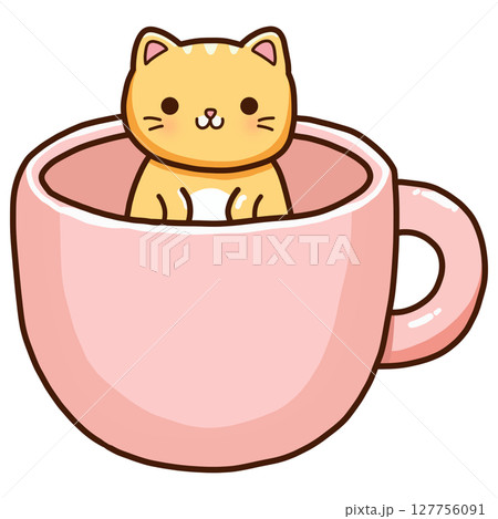 Adorable Orange Kitten Sitting in a Pink Cup 127756091