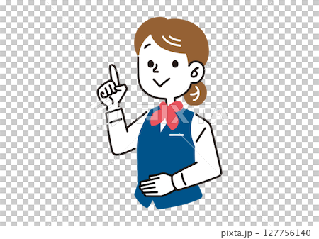 Female employee in uniform pointing up Female employee in uniform pointing up 127756140
