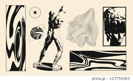 Brutalist myth collage with heroic statue, planets and blindfolded marble bust 127756363