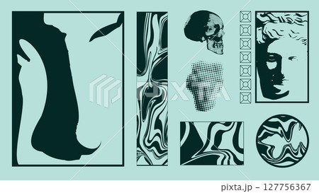 Brutalist classical collage with skull and fluid marble on aqua grid background. Fashion backdrops Brutalist classical collage with skull and fluid marble on aqua grid background. Fashion backdrops 127756367