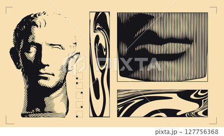 Brutalist visual collage. Abstract linear bust with vertical lips and organic flow 127756368