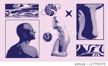 Cosmic brutalist sculpture collage with planetary motifs and abstract violet textures 127756378