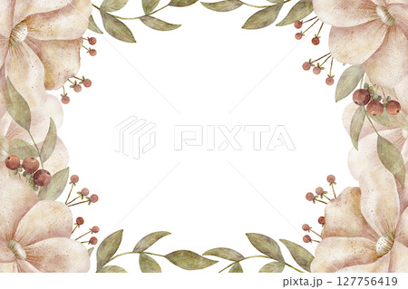 Frame delicate flowers green leaves berries peonies roses pink colors Watercolor illustration hand drawn retro style Template on isolated background for postcard holiday invitations birthday Christmas Frame delicate flowers green leaves berries peonies roses pink colors Watercolor illustration hand drawn retro style Template on isolated background for postcard holiday invitations birthday Christmas 127756419