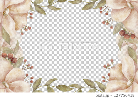 Frame delicate flowers green leaves berries peonies roses pink colors Watercolor illustration hand drawn retro style Template on isolated background for postcard holiday invitations birthday Christmas Frame delicate flowers green leaves berries peonies roses pink colors Watercolor illustration hand drawn retro style Template on isolated background for postcard holiday invitations birthday Christmas 127756419