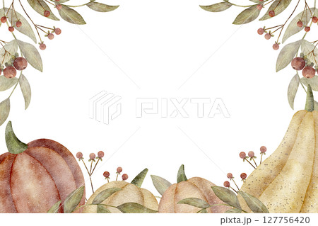 Frame watercolor leaves pumpkin berries. Hand drawn illustration of autumn harvest vegetables in retro style. Template on isolated background for invitations, cards posters packaging holiday tableware Frame watercolor leaves pumpkin berries. Hand drawn illustration of autumn harvest vegetables in retro style. Template on isolated background for invitations, cards posters packaging holiday tableware 127756420