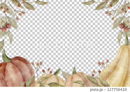 Frame watercolor leaves pumpkin berries. Hand drawn illustration of autumn harvest vegetables in retro style. Template on isolated background for invitations, cards posters packaging holiday tableware Frame watercolor leaves pumpkin berries. Hand drawn illustration of autumn harvest vegetables in retro style. Template on isolated background for invitations, cards posters packaging holiday tableware 127756420