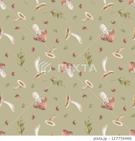 Watercolor pattern mushrooms berries branches leaves. Autumn forest harvest illustration is hand drawn. Seamless print on pastel green background for textiles, fabrics, wallpaper, packaging, clothes 127756466