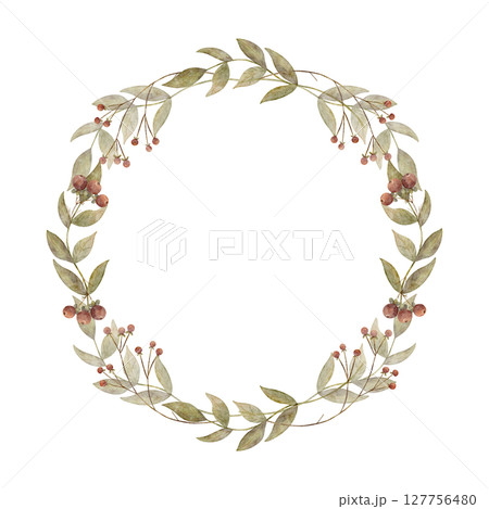 Wreath watercolor illustration green branches leaves, red berries lingonberries. Template autumn holiday harvest hand drawn pastel color on isolated background for design packaging labels cards dishes 127756480