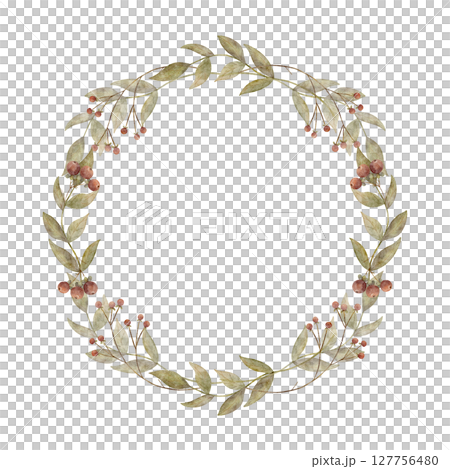Wreath watercolor illustration green branches leaves, red berries lingonberries. Template autumn holiday harvest hand drawn pastel color on isolated background for design packaging labels cards dishes 127756480