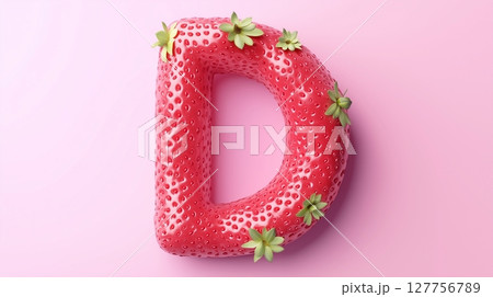 The letter D is framed by a red strawberry textured fruit for kids on solid background 127756789
