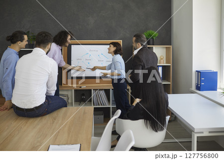 Group of workers listening to colleagues engaged in argument during work meeting 127756800