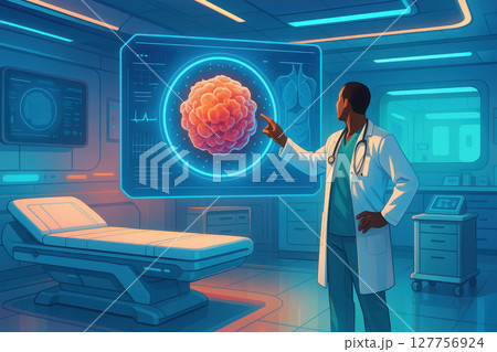 Doctor studies cancer cell hologram in futuristic medical room filled with advanced technology and glowing blue lights creating hopeful atmosphere for treatment Doctor studies cancer cell hologram in futuristic medical room filled with advanced technology and glowing blue lights creating hopeful atmosphere for treatment 127756924