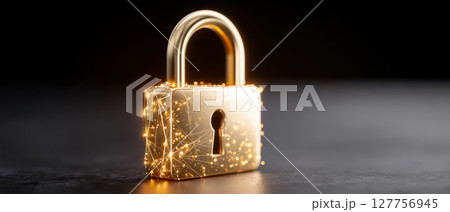 Glowing golden padlock symbolizes cyber security and insurance protection for online businesses with digital network connections shining brightly in dark background 127756945
