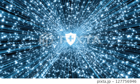 Cyber security concept with glowing shield and cross symbol representing insurance protection for online businesses in digital space filled with blue light particles and rays 127756946