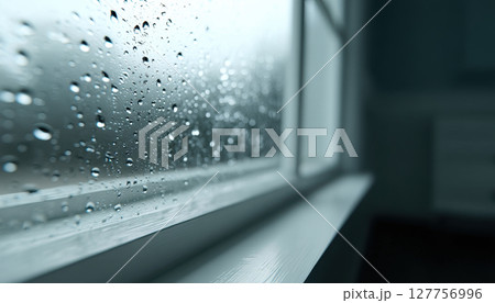 Raindrops on window glass create somber mood reflecting on suicidal thoughts during rainy day with blurred background and soft natural light inside room 127756996