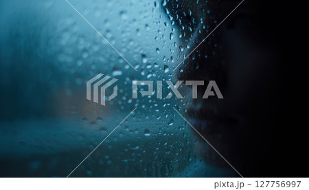 Person with sad expression looks through rain covered window reflecting deep suicidal thoughts and emotional struggle in dark and moody atmosphere 127756997