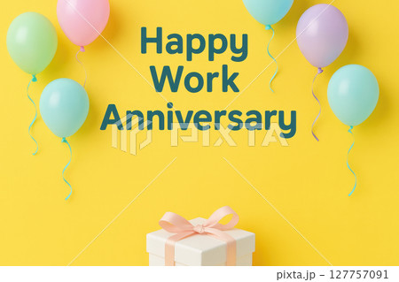 Happy work anniversary greeting with colorful balloons and gift box on yellow background creating happy festive atmosphere for celebration Happy work anniversary greeting with colorful balloons and gift box on yellow background creating happy festive atmosphere for celebration 127757091