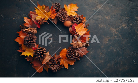 Rounded yellow brown autumn leaves and pine arranged copy space backgronund 127757155