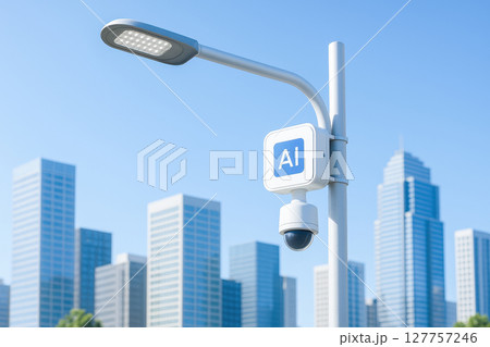 AI smart city control system camera and street light mounted on pole with modern skyscraper background in clear blue sky 127757246