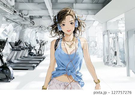 スポーツジムのトレッドミルでトレーニングをする若い女性のイラスト素材 127757276