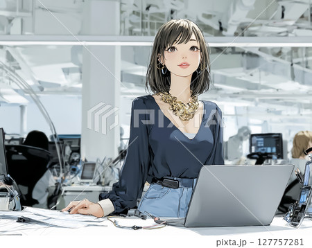 ノートパソコンで仕事をする若い女性のイラスト素材 127757281