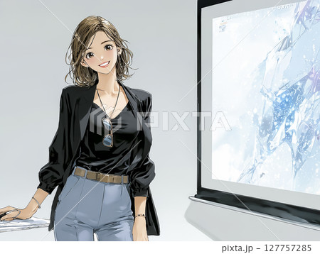 ホワイトボードの前で微笑むビジネスウーマンのイラスト素材 127757285