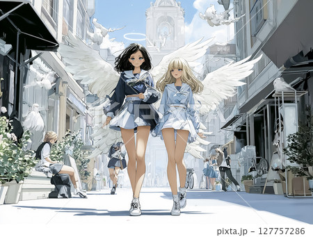 エンジェルファッションの若い女性のイラスト素材 127757286