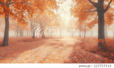 Yellow scent dark pine forest with foggy mysterious effect nature park 127757314