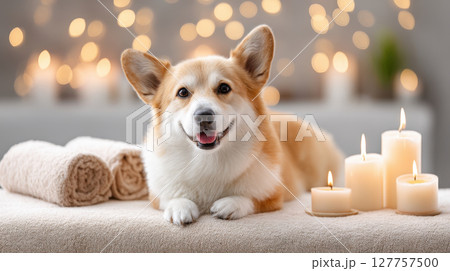 Cozy spa setting with relaxed dog lying on soft towel near burning candle light creating warm and peaceful atmosphere perfect to relax and enjoy calm moments Cozy spa setting with relaxed dog lying on soft towel near burning candle light creating warm and peaceful atmosphere perfect to relax and enjoy calm moments 127757500