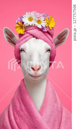 Goat with towel wrapped around head and body wearing flower crown on pink background spa relax concept for animal care and wellness 127757506